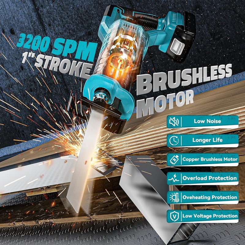 Cerycose Cordless Reciprocating Saw Compatible with Makita 18V Battery, Variable Speed 1" Stroke Length,3200 SPM, Toolless Blade Change, 4 Saw Blades for Metal Wood PVC Cutting Tool Only - Image 4